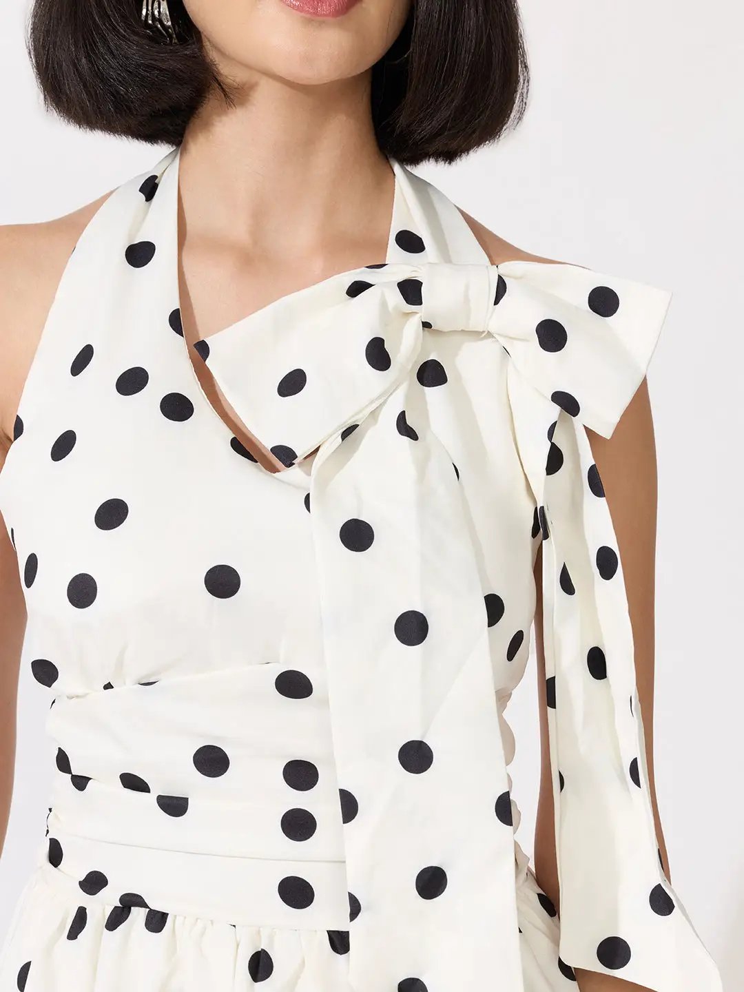 Women's Polka Dot White Halter Neck Bow Detail Fit & Flare Midi Dress