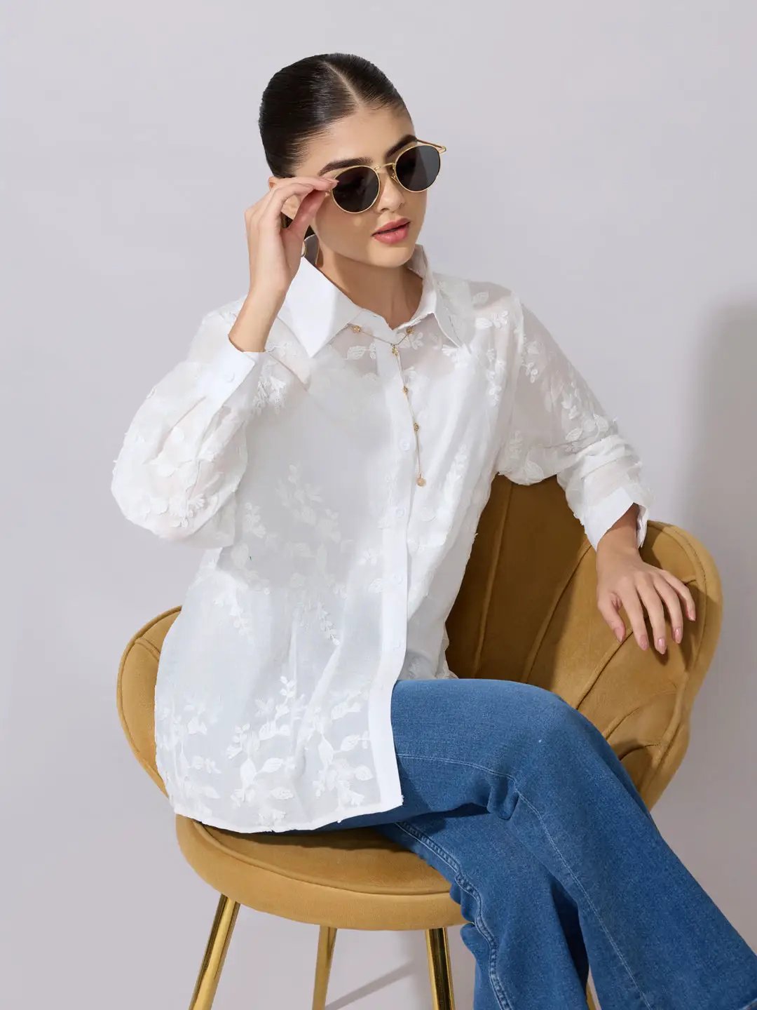 Women's Embroidered White Sheer Button-Down Shirt