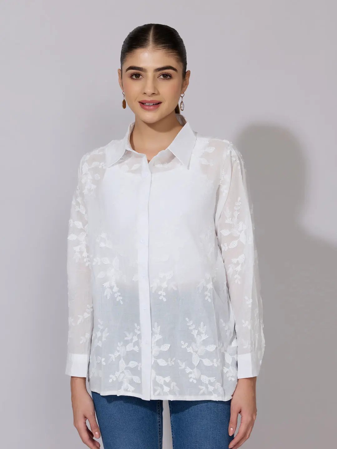 Women's Embroidered White Sheer Button-Down Shirt