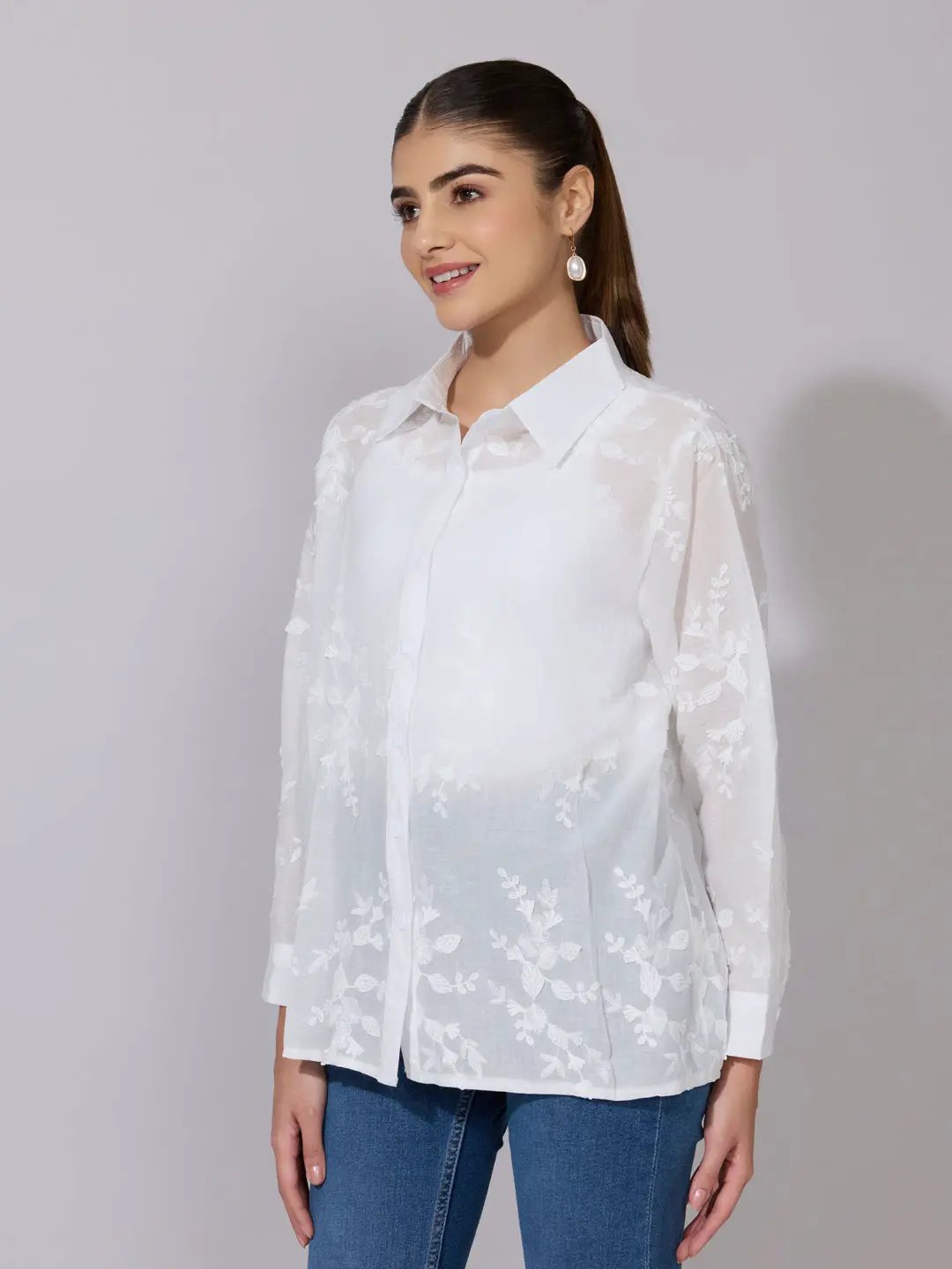 Women's Embroidered White Sheer Button-Down Shirt - from SHOWOFFFF