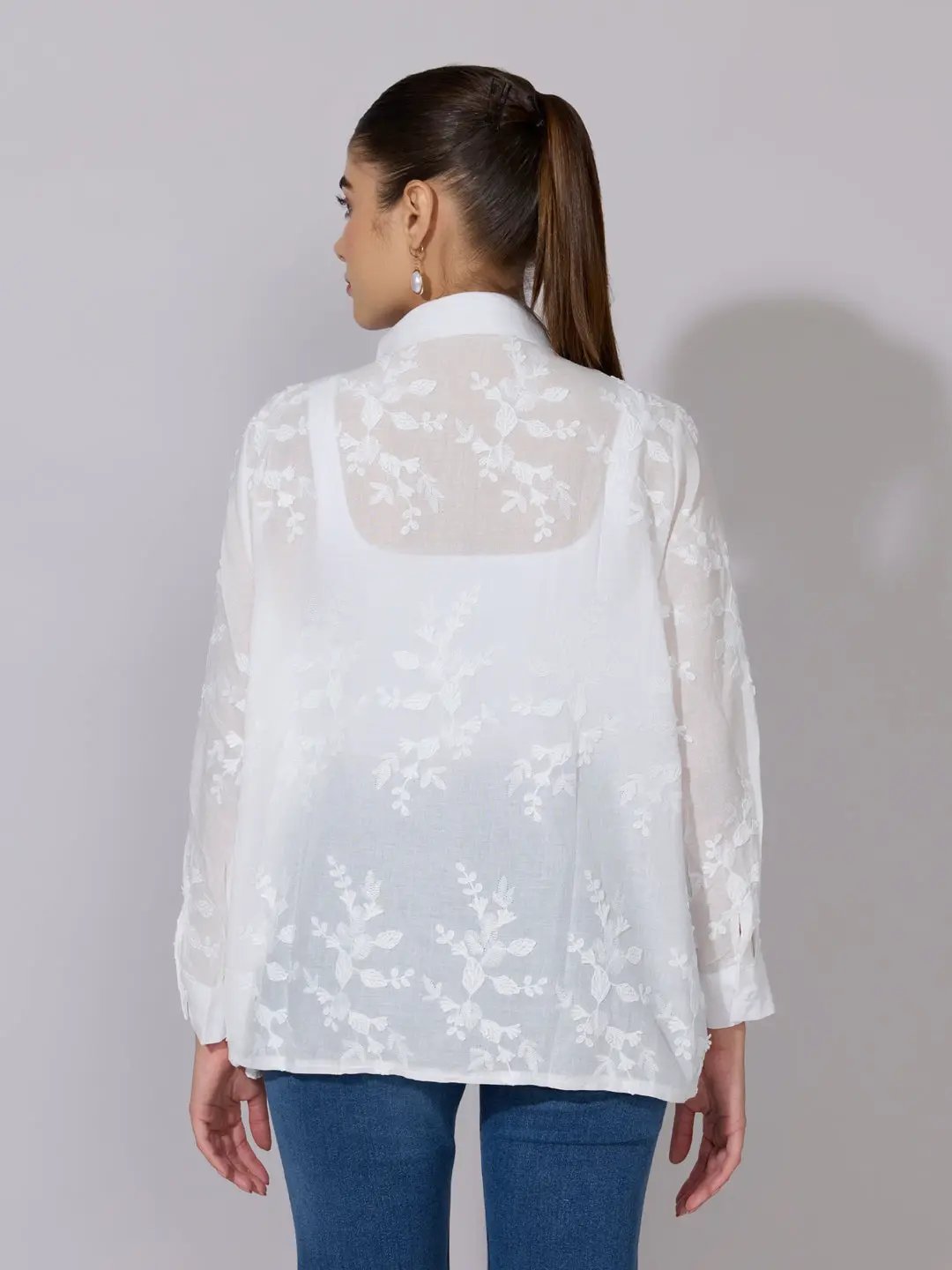 Women's Embroidered White Sheer Button-Down Shirt - from SHOWOFFFF