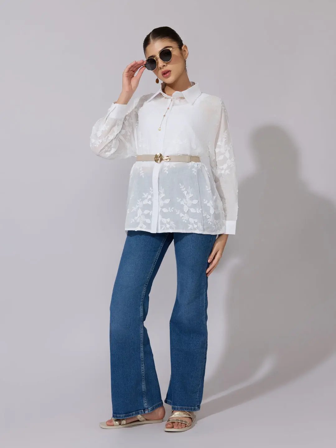 Women's Embroidered White Sheer Button-Down Shirt - from SHOWOFFFF