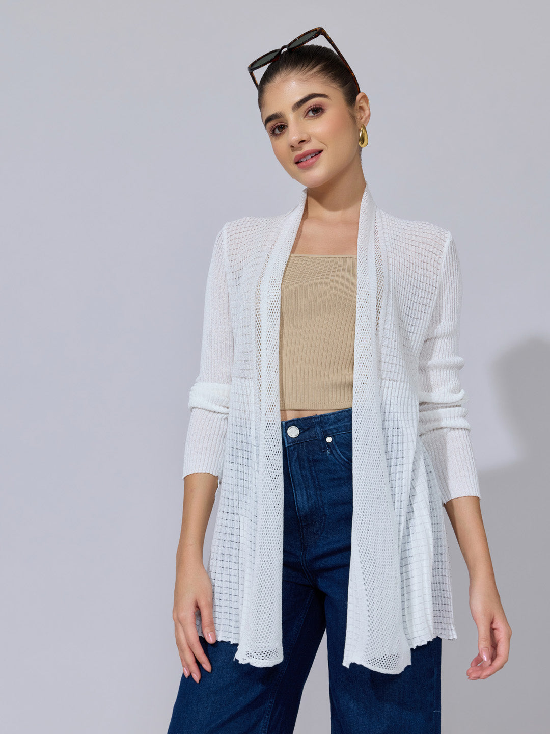 Women's Pleated White Ribbed Open Front Shrug