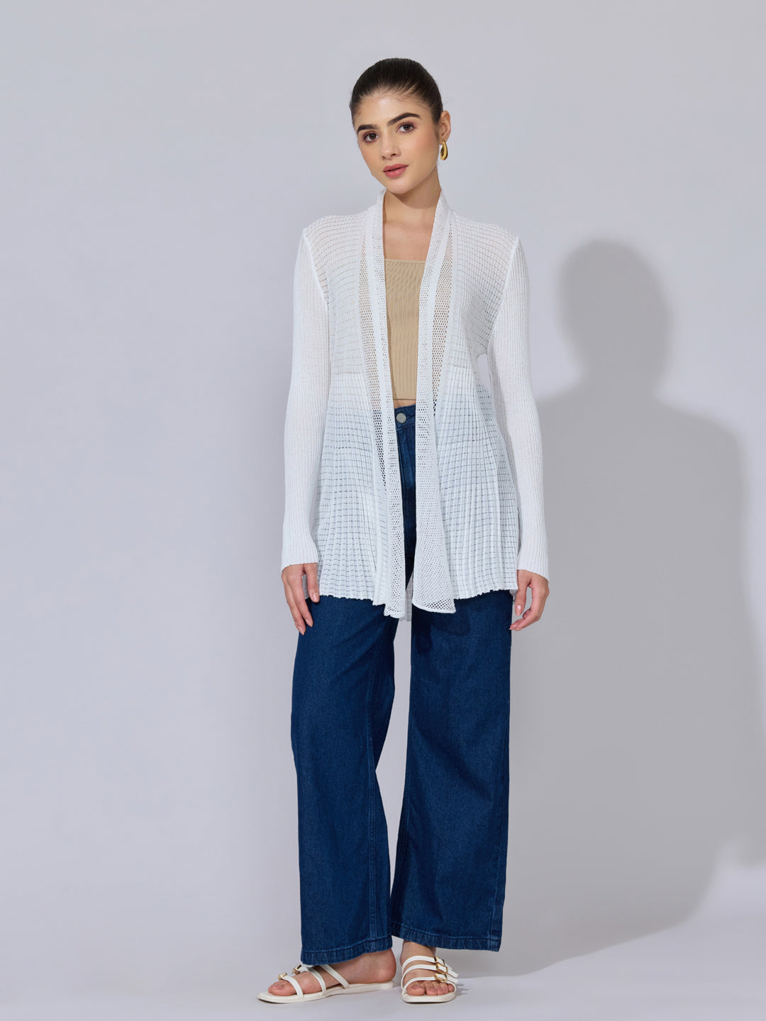 Women's Pleated White Ribbed Open Front Shrug