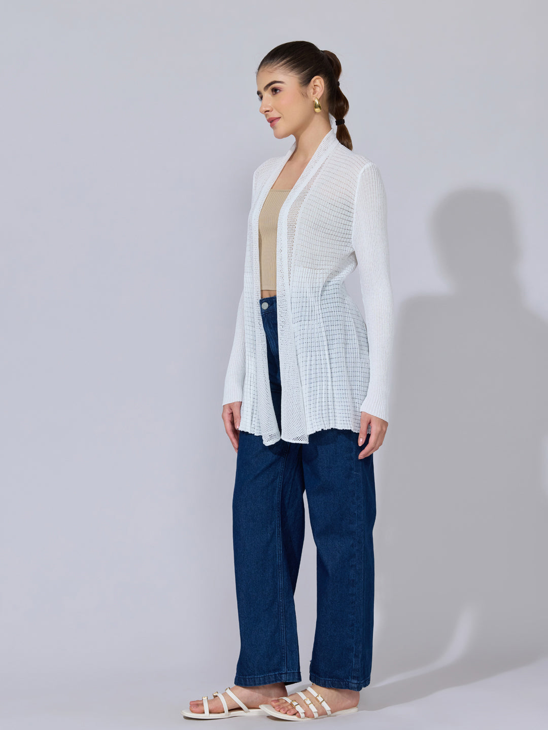 Women's Pleated White Ribbed Open Front Shrug