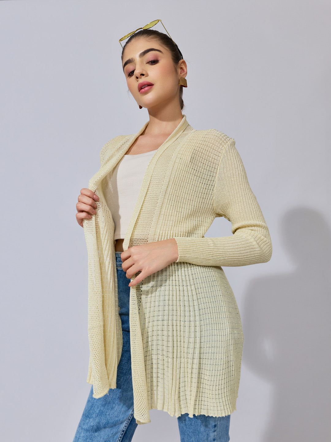 Women's Pleated Beige Ribbed Open Front Shrug