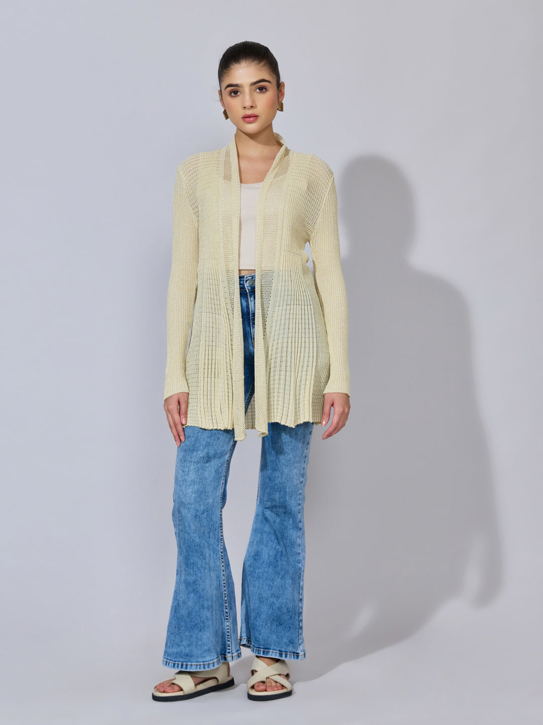 Women's Pleated Beige Ribbed Open Front Shrug