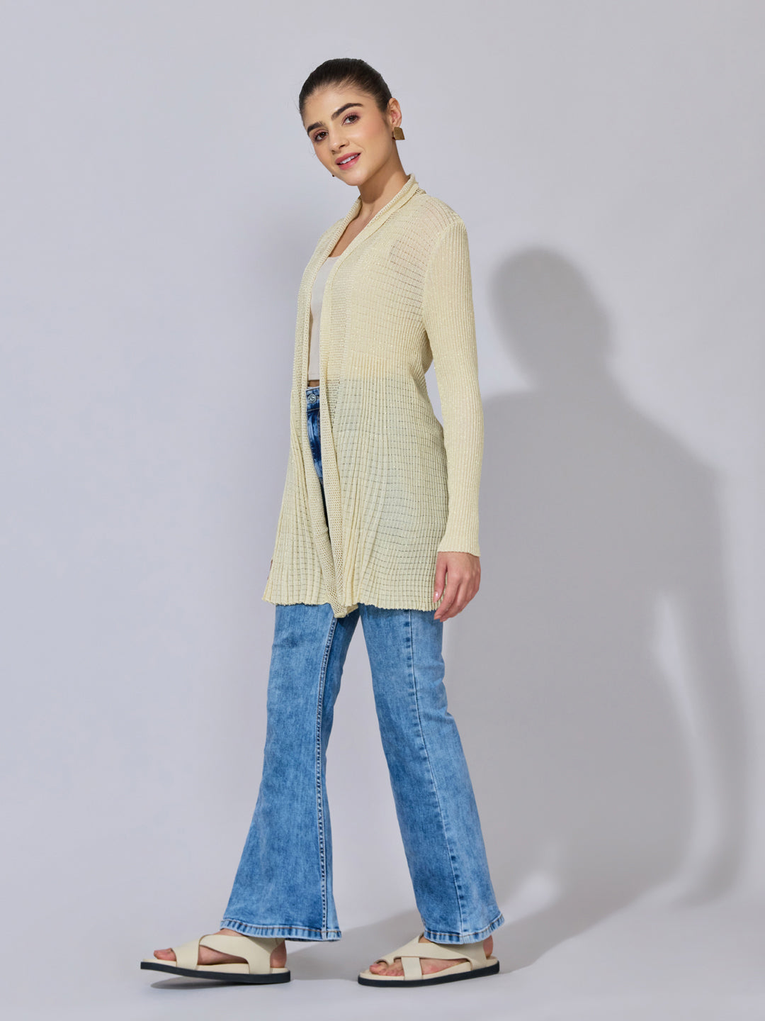 Women's Pleated Beige Ribbed Open Front Shrug