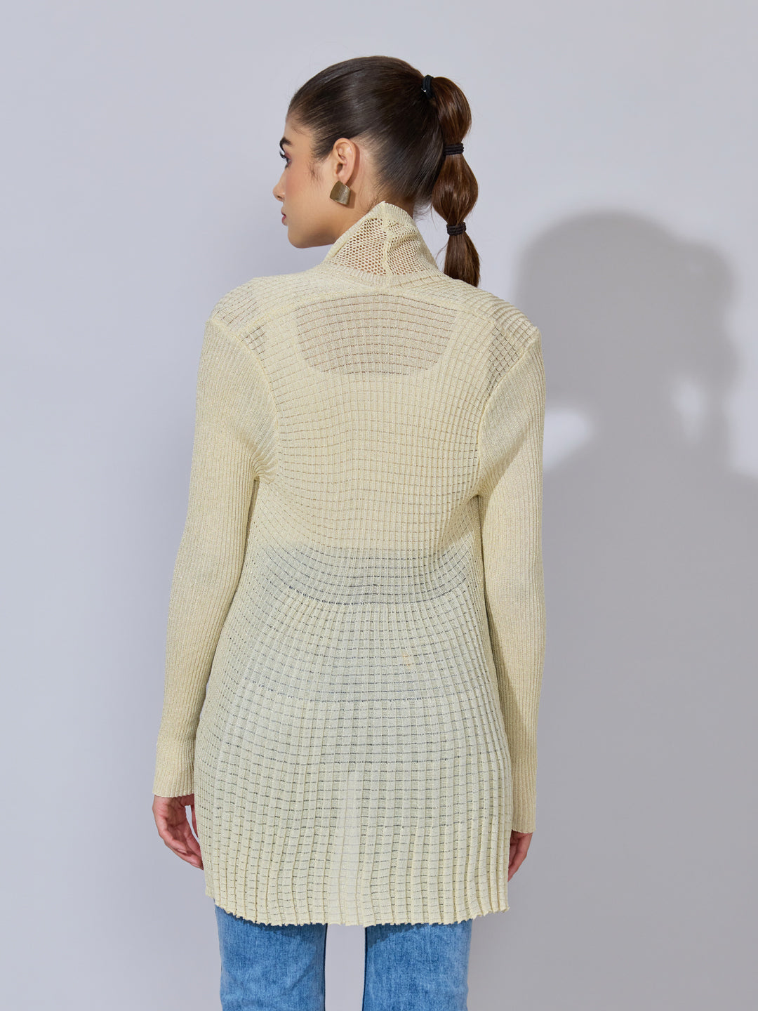 Women's Pleated Beige Ribbed Open Front Shrug