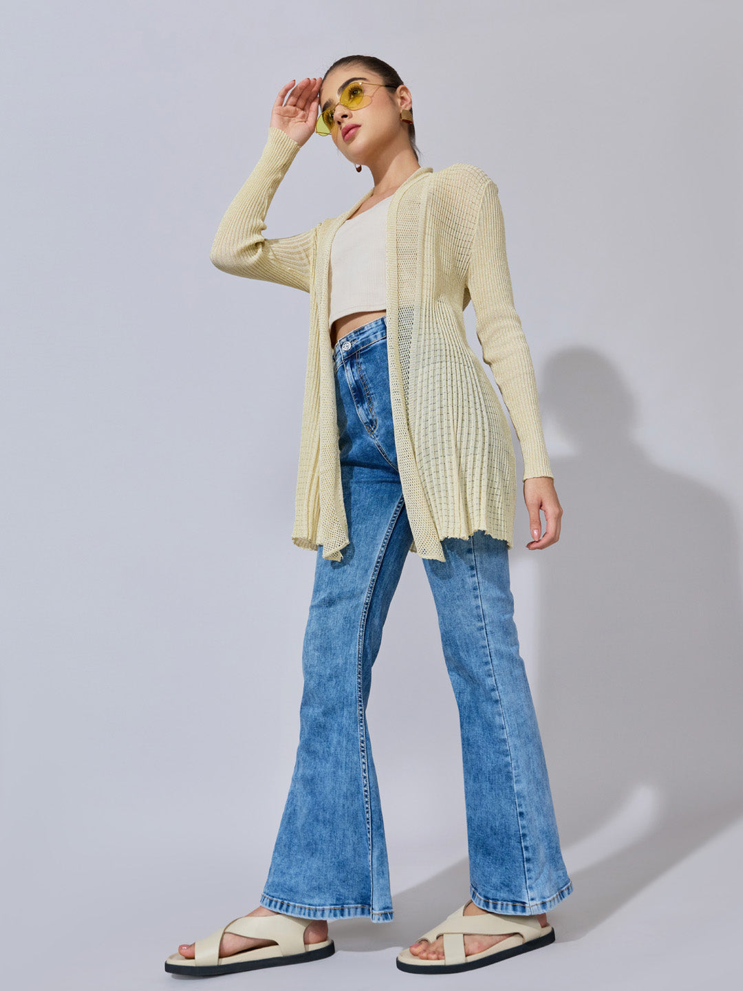 Women's Pleated Beige Ribbed Open Front Shrug