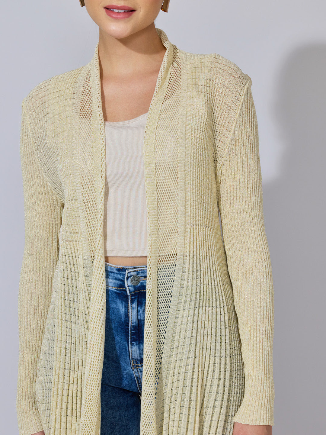 Women's Pleated Beige Ribbed Open Front Shrug