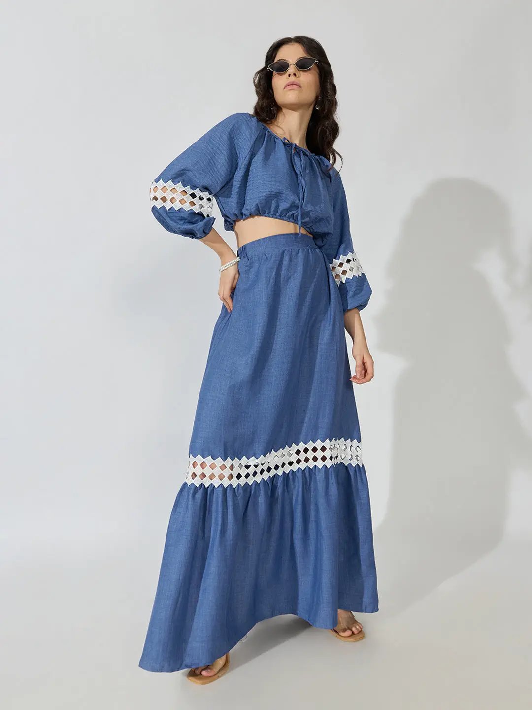Women's Blue Crochet Top and Skirt Co-Ords Set - from SHOWOFFFF