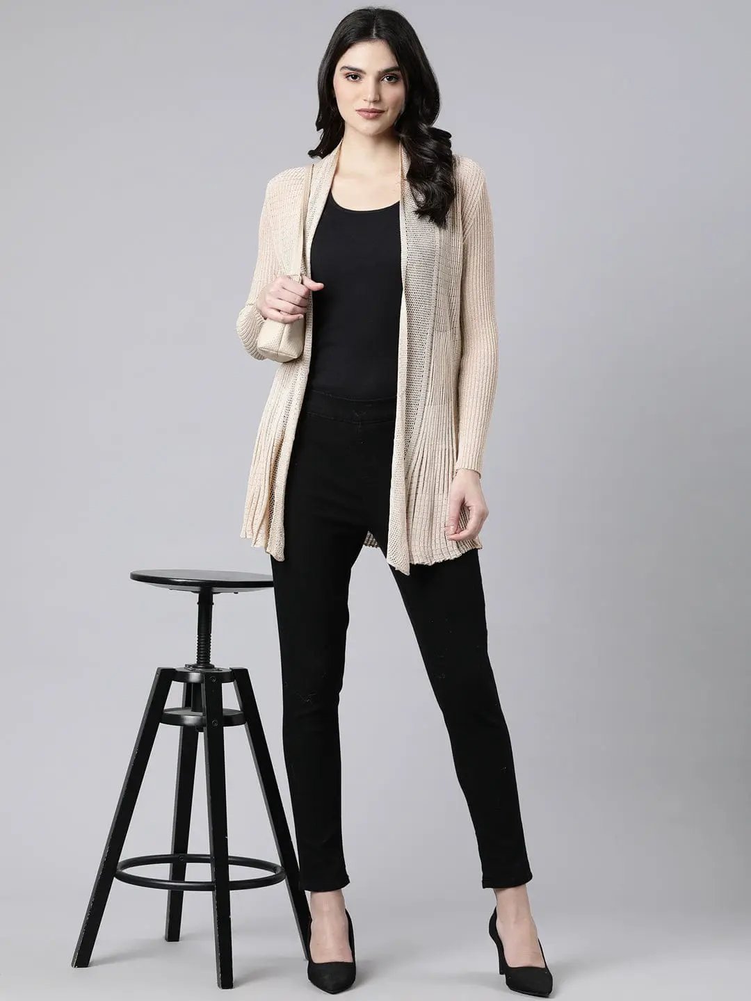 Women's Ribbed Cream Open-Front Long Shrug - from SHOWOFFFF