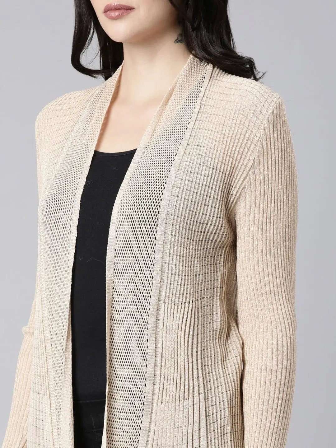 Women's Ribbed Cream Open-Front Long Shrug - from SHOWOFFFF