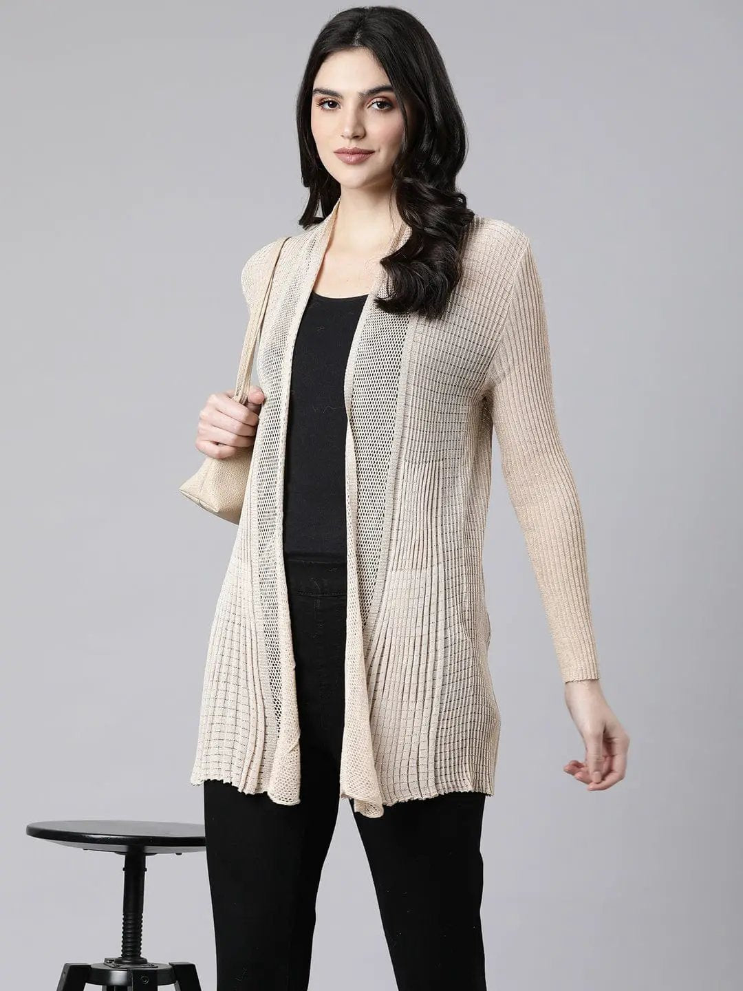 Women's Ribbed Cream Open-Front Long Shrug - from SHOWOFFFF