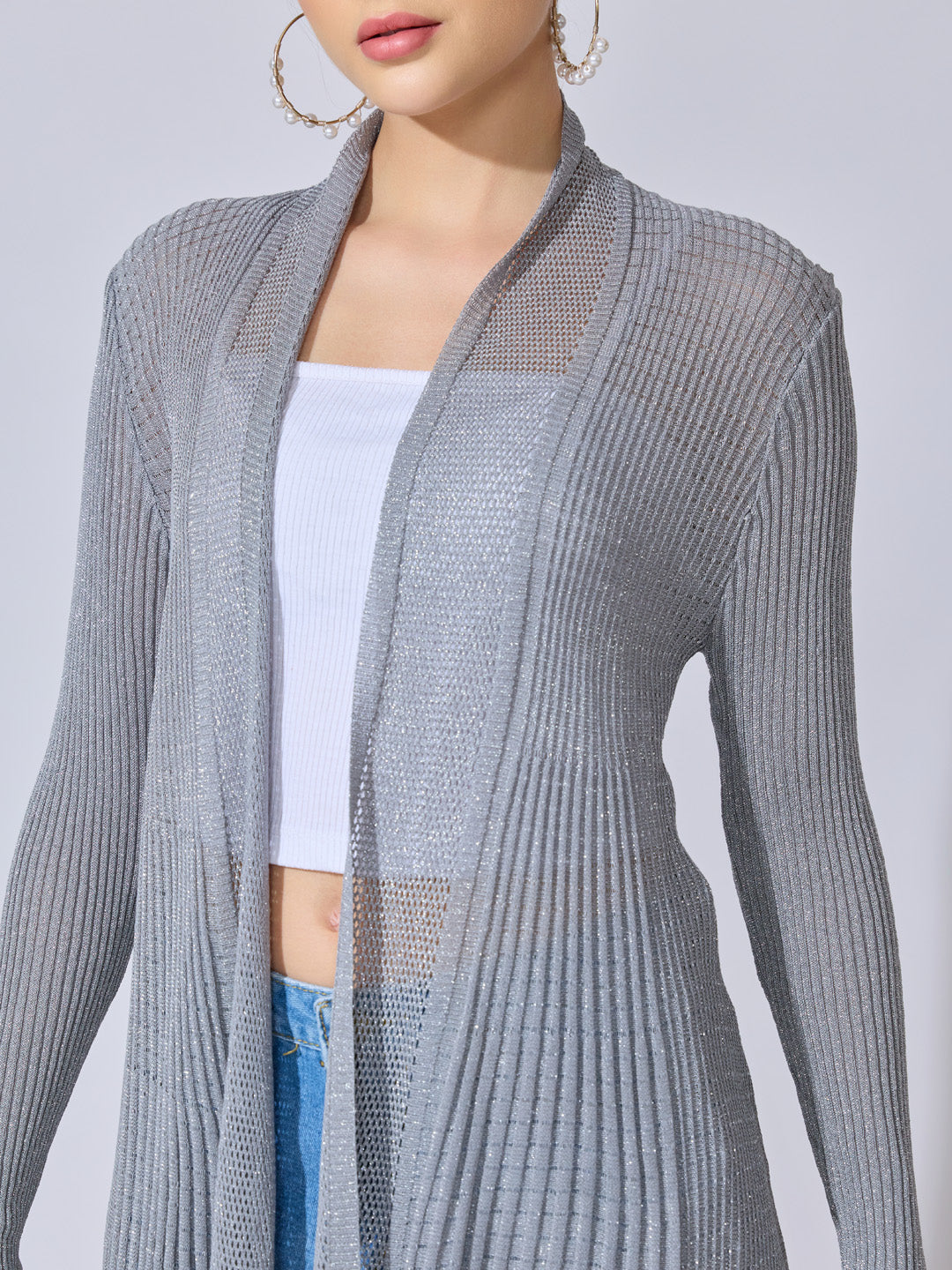 Women's Pleated Grey Ribbed Open Front Shrug