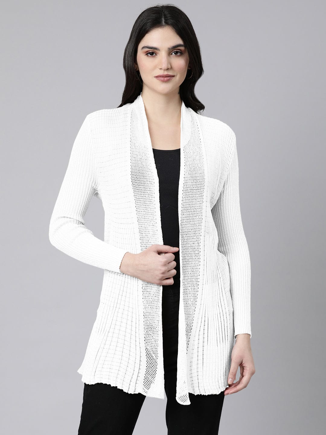 Shop Women's Ribbed White Open-Front Long Shrug Showoffff