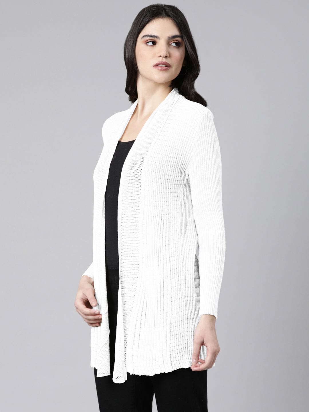 Women's Ribbed White Open-Front Long Shrug