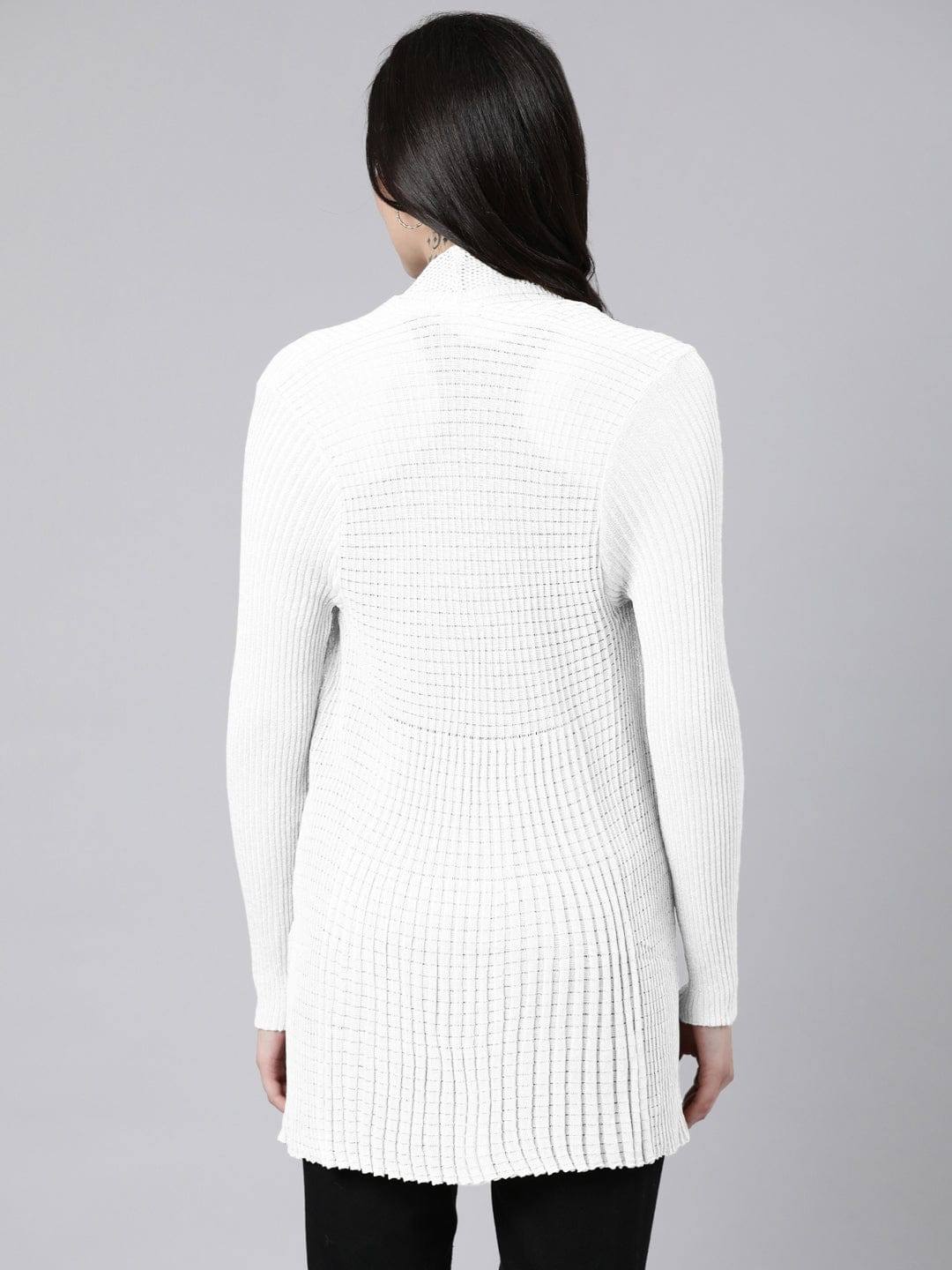 Women's Ribbed White Open-Front Long Shrug