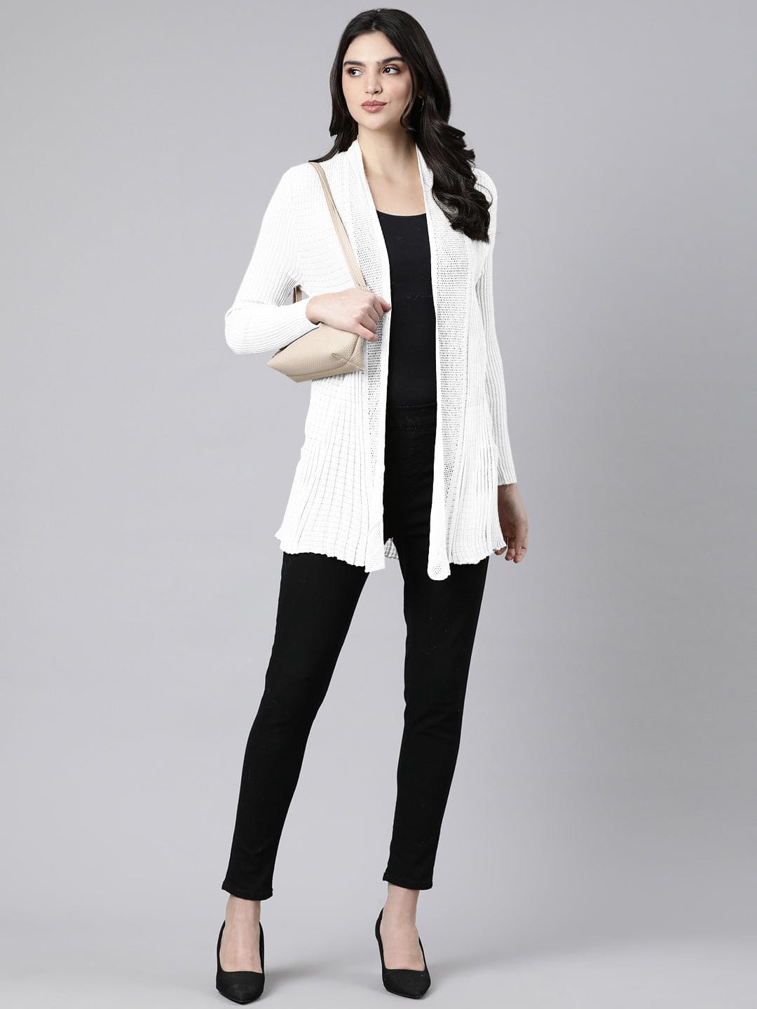 Women's Ribbed White Open-Front Long Shrug