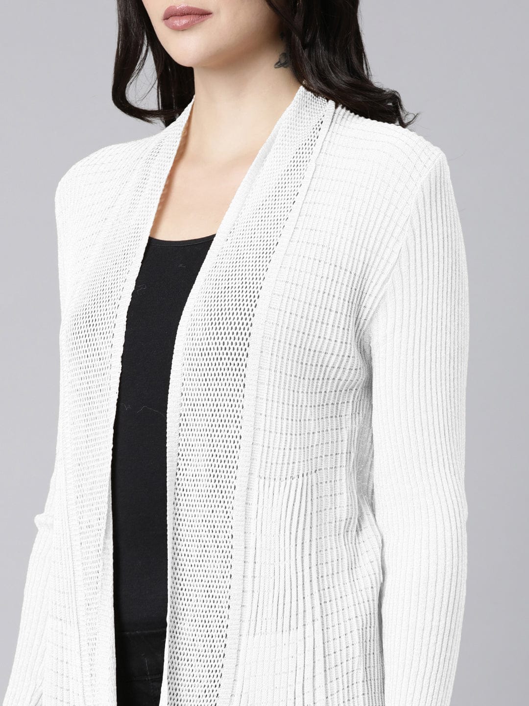 Women's Ribbed White Open-Front Long Shrug