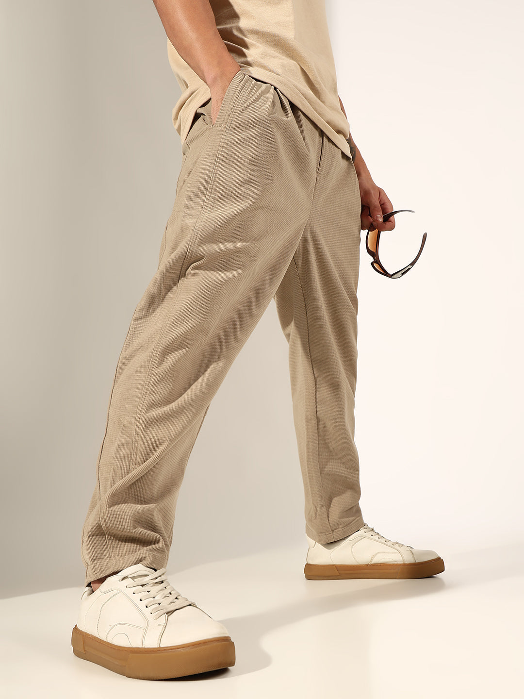 Men's Textured Beige Relaxed Fit Trousers with Adjustable Belt