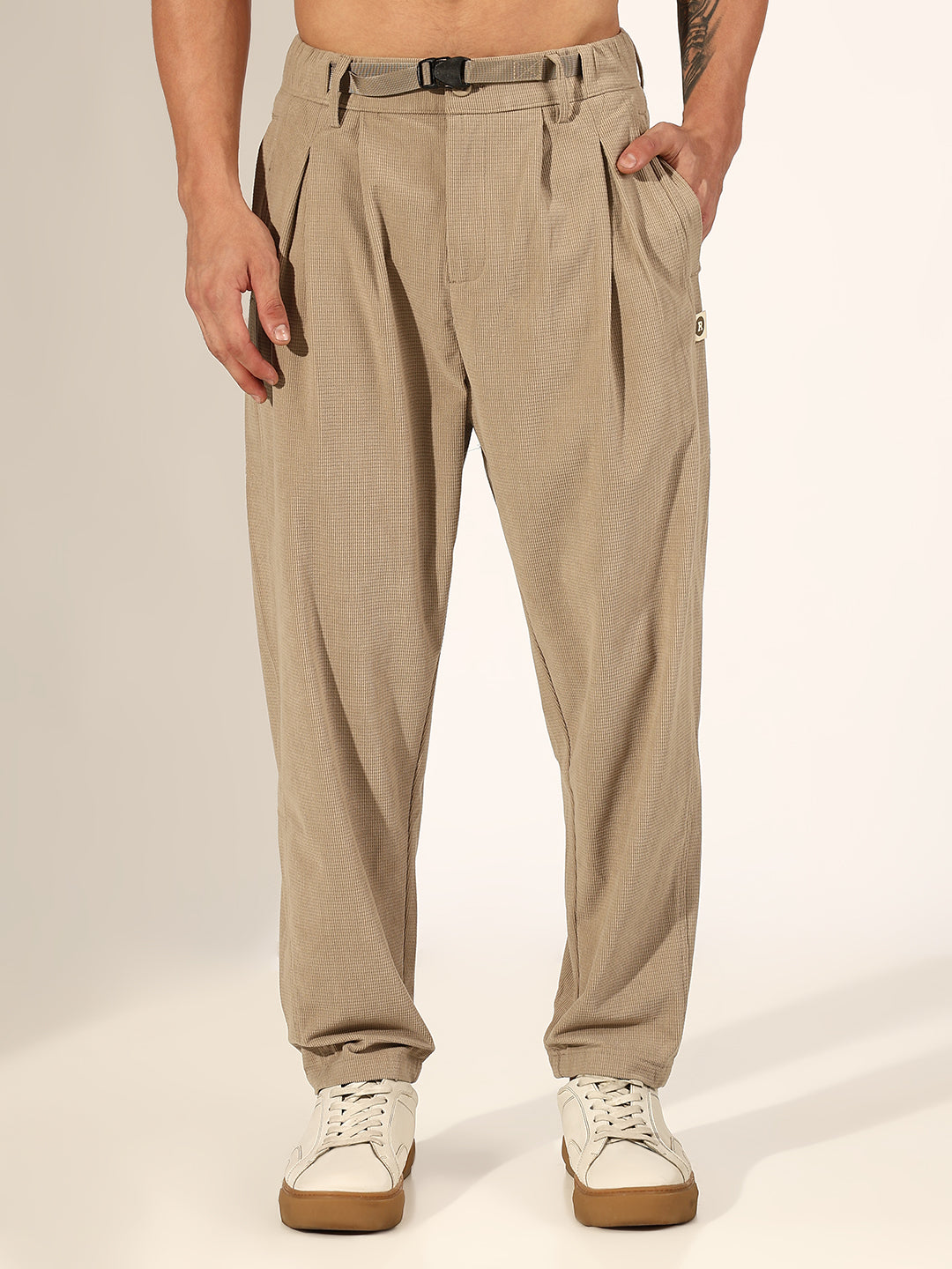 Men's Textured Beige Relaxed Fit Trousers with Adjustable Belt