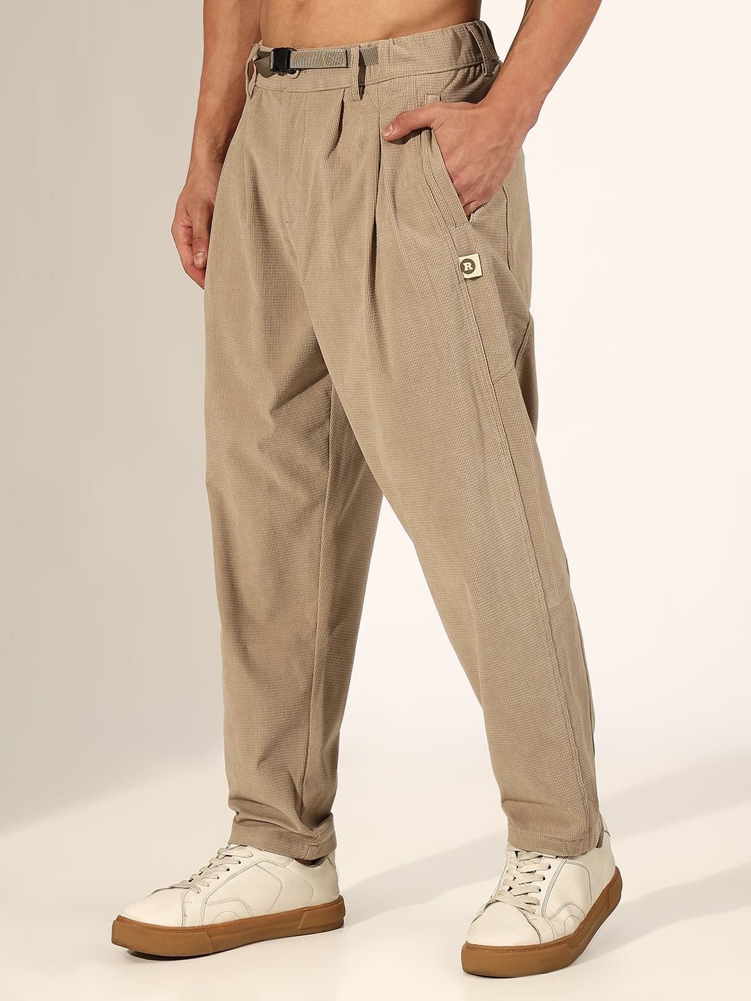 Men's Textured Beige Relaxed Fit Trousers with Adjustable Belt