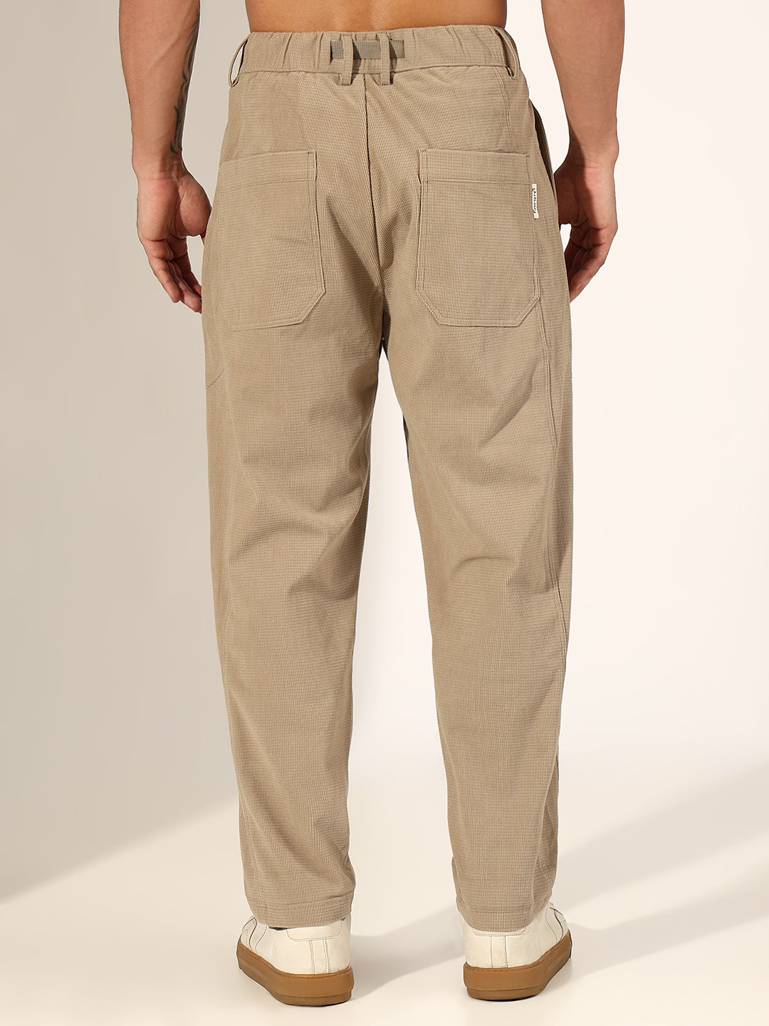Men's Textured Beige Relaxed Fit Trousers with Adjustable Belt