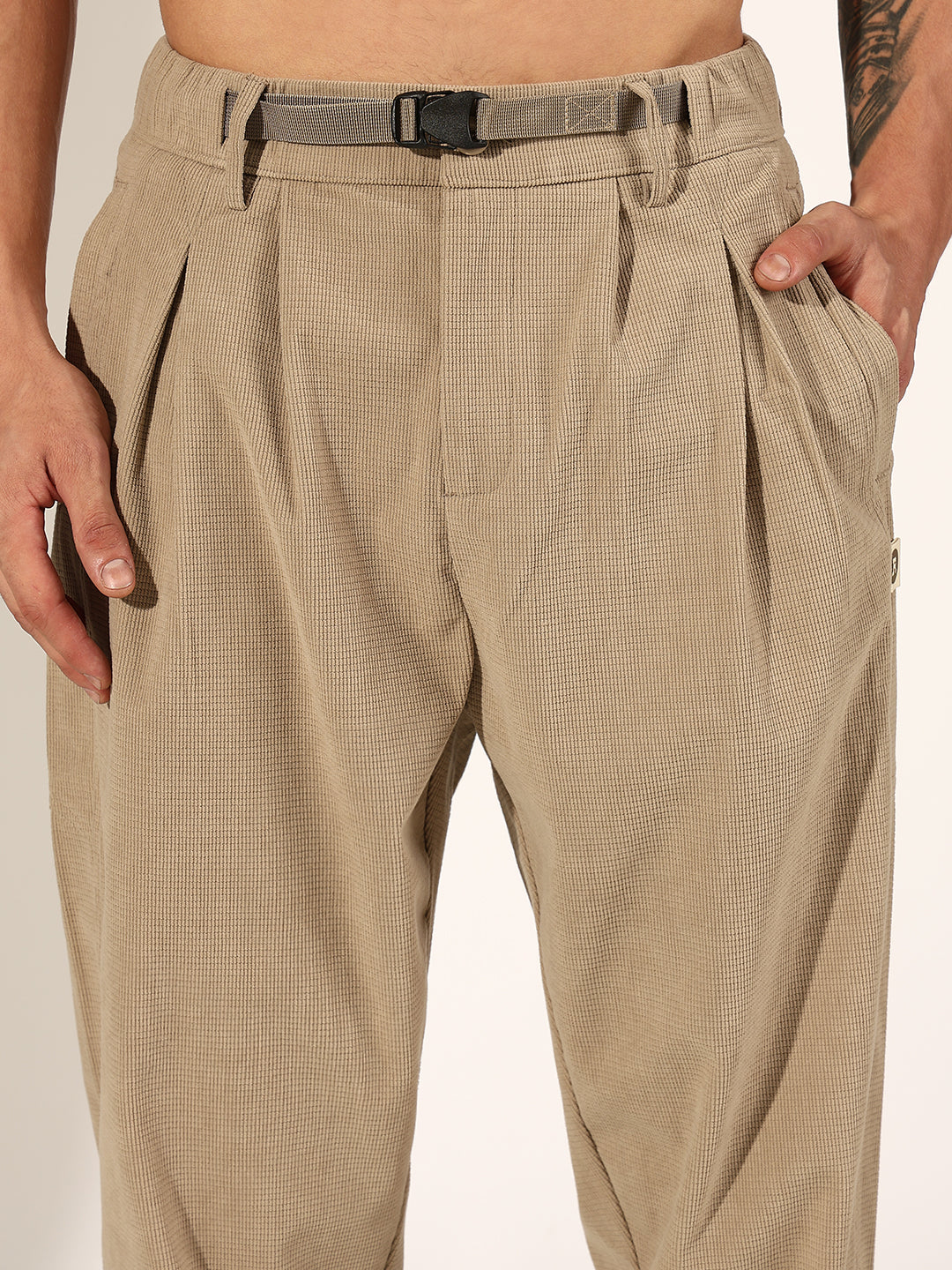 Men's Textured Beige Relaxed Fit Trousers with Adjustable Belt
