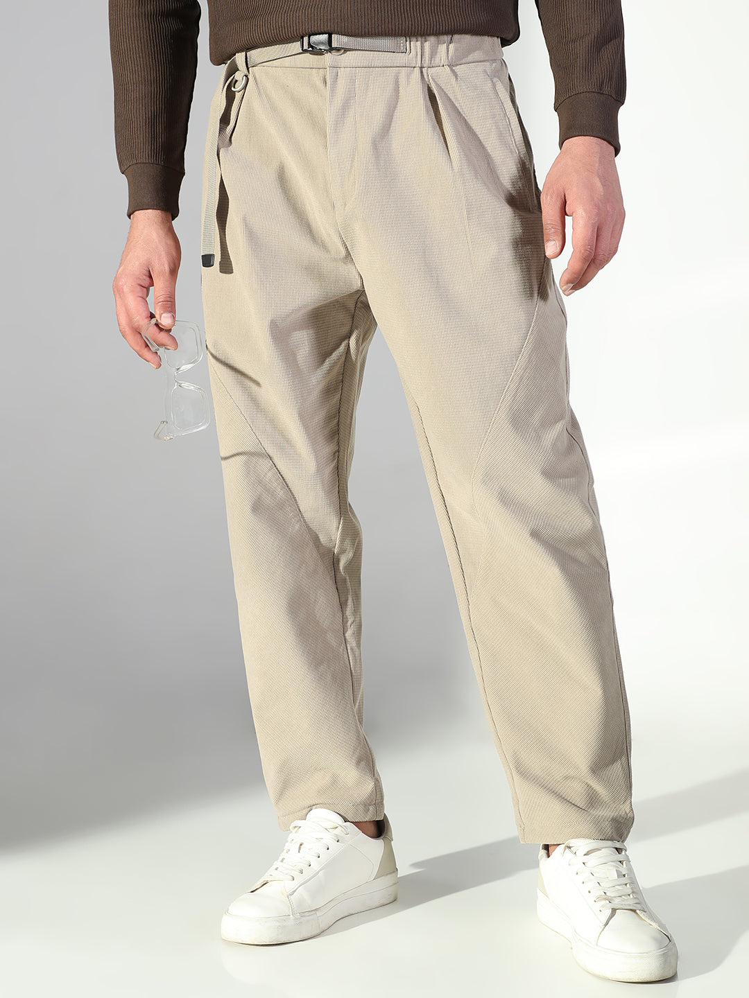 Men Beige Solid Trousers