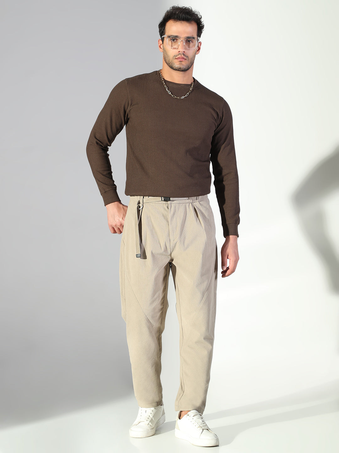 Men Beige Solid Trousers