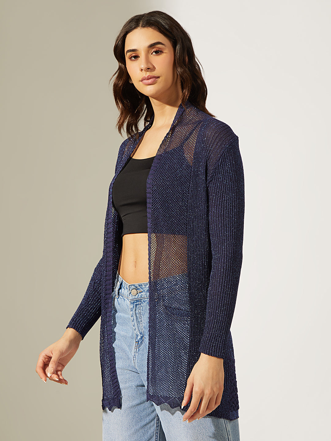 Women's Knitted Blue Sheer Open Front Long Sleeve Shrug