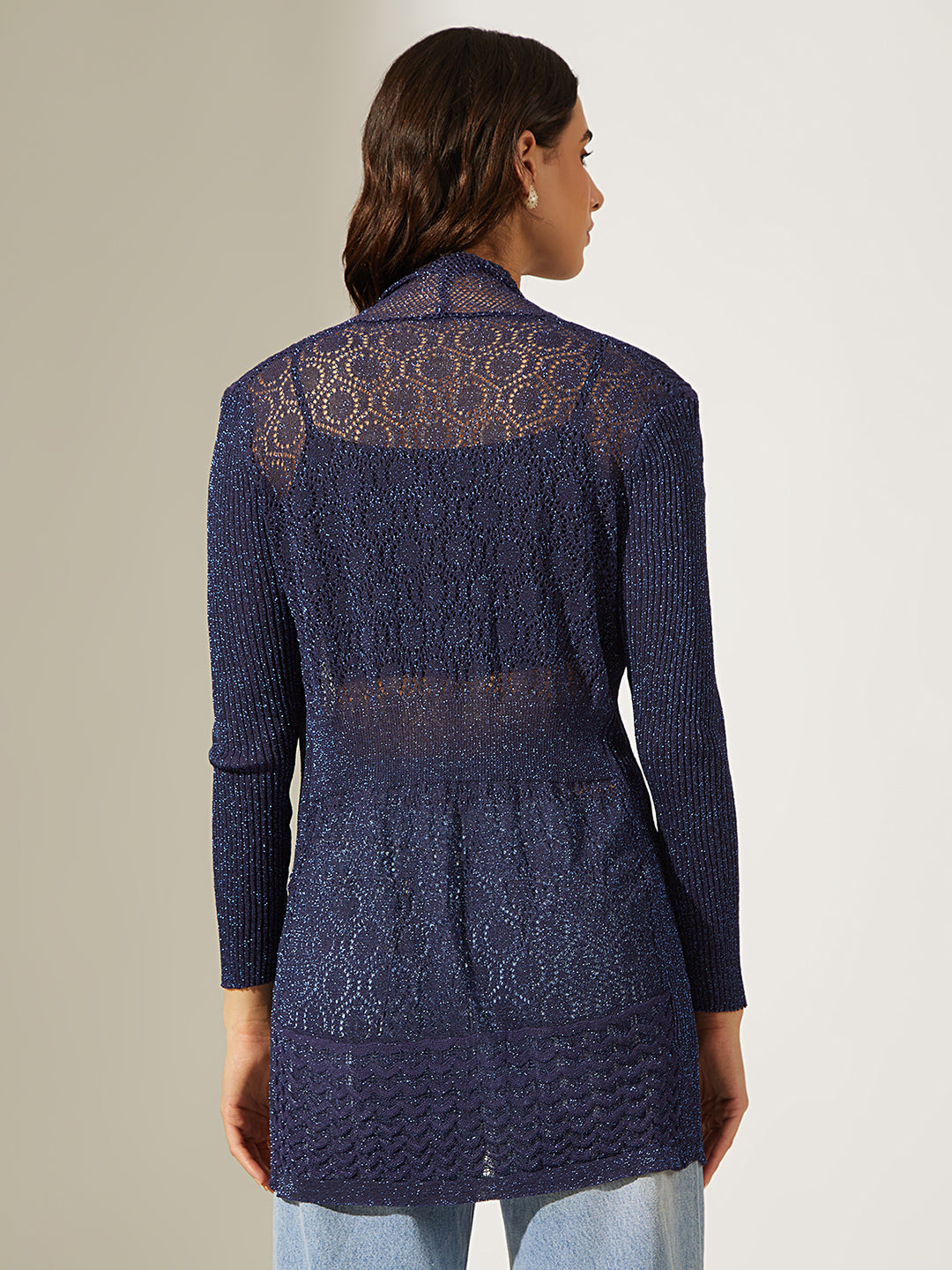 Women's Knitted Blue Sheer Open Front Long Sleeve Shrug