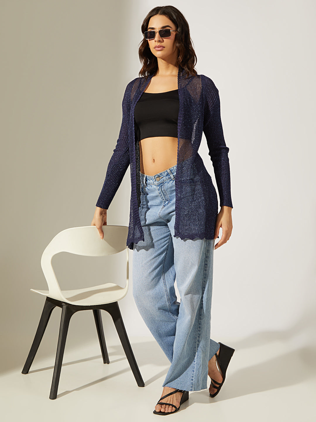 Women's Knitted Blue Sheer Open Front Long Sleeve Shrug