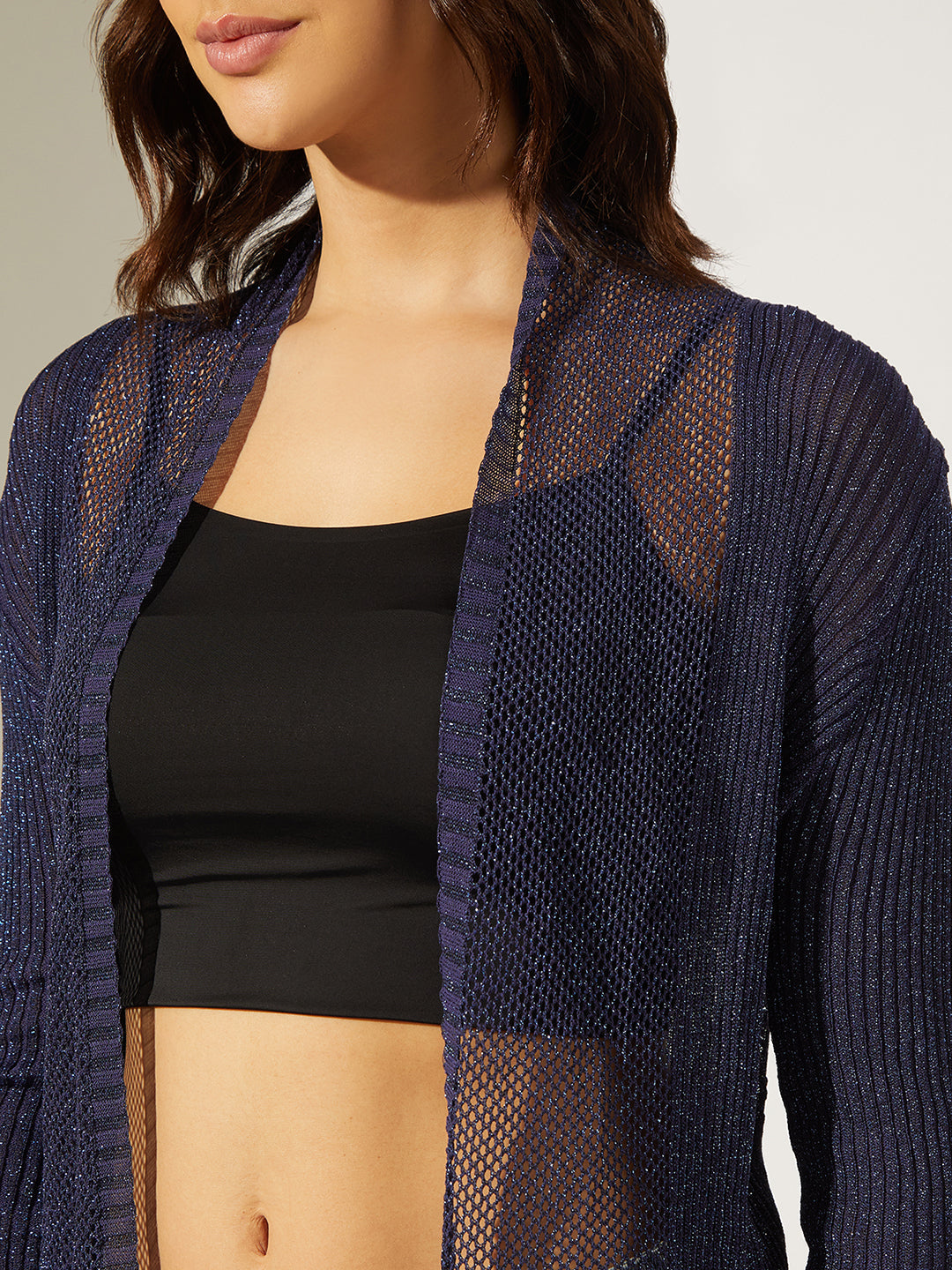 Women's Knitted Blue Sheer Open Front Long Sleeve Shrug