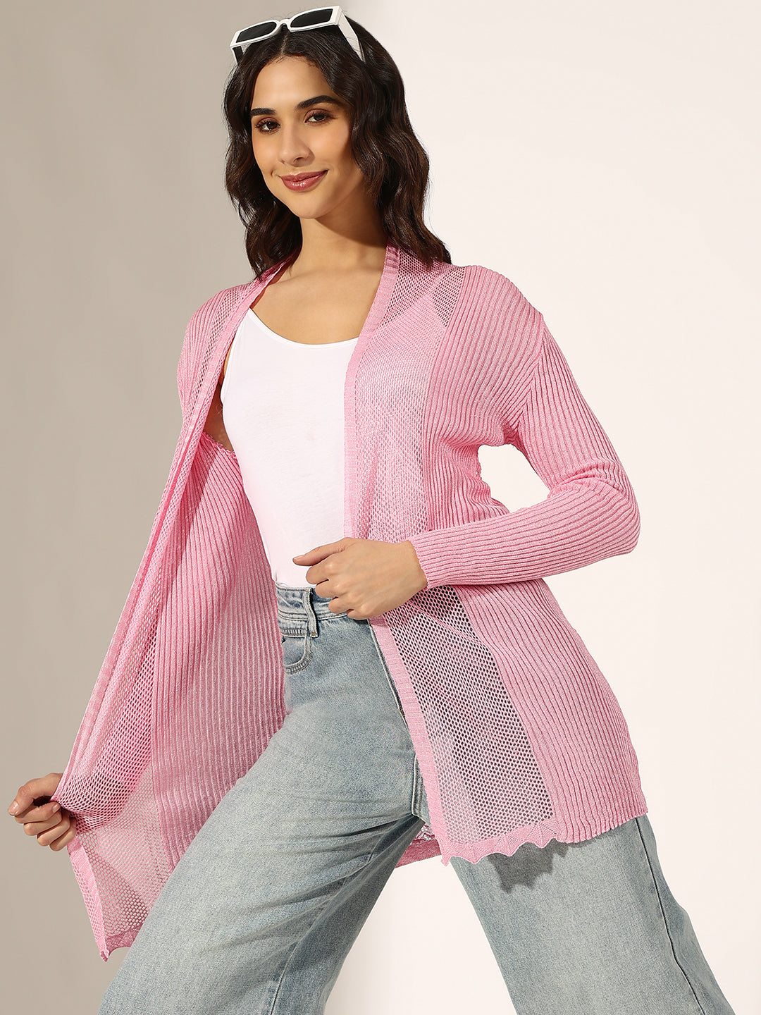 Women's Textured Pink Open Knit Shrug