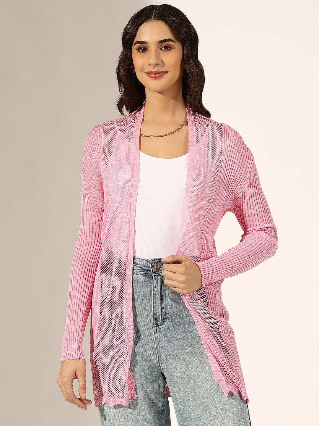 Women's Textured Pink Open Knit Shrug