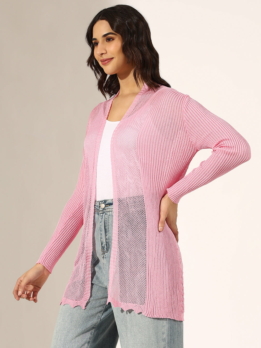 Women's Textured Pink Open Knit Shrug