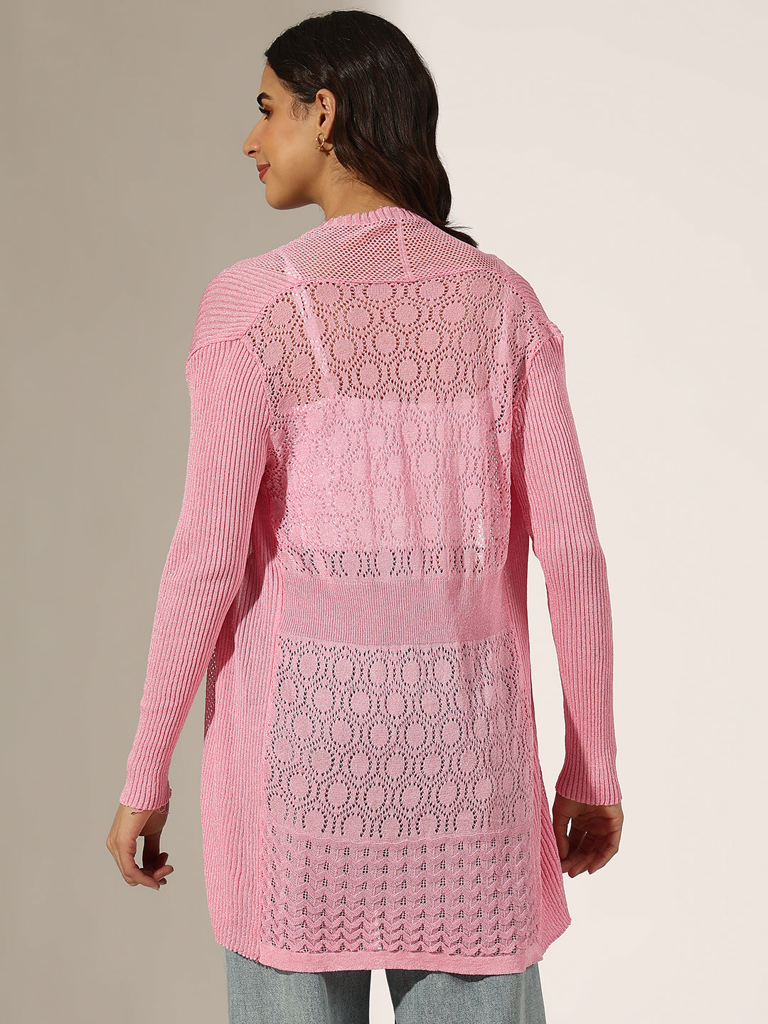 Women's Textured Pink Open Knit Shrug