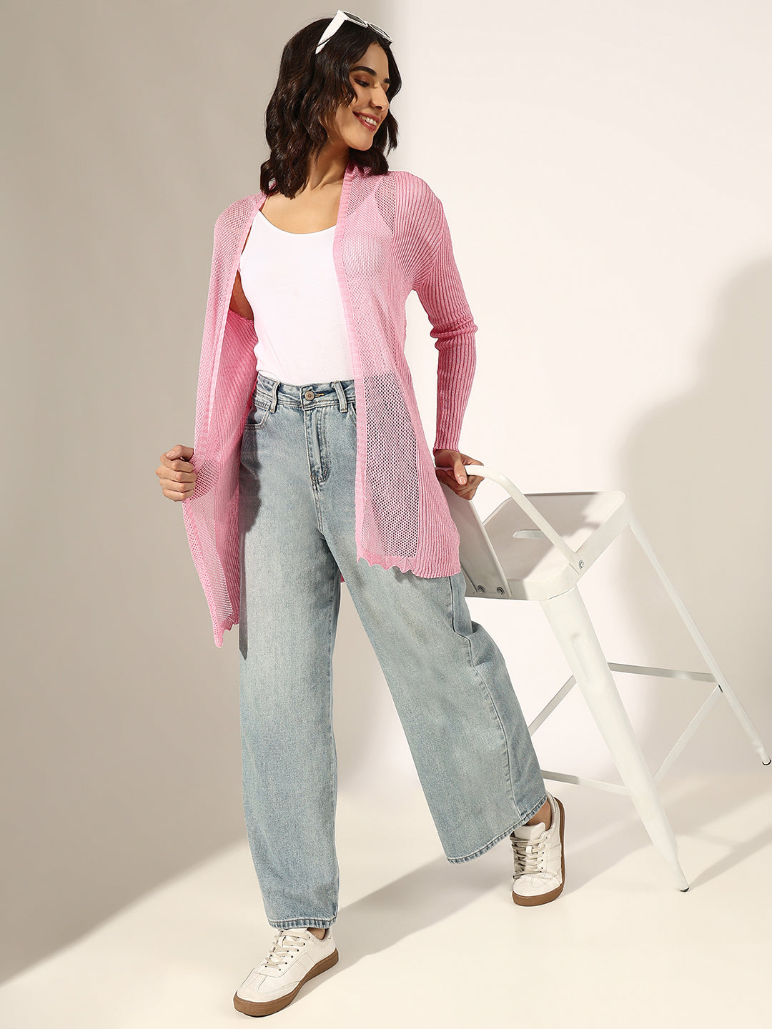 Women's Textured Pink Open Knit Shrug