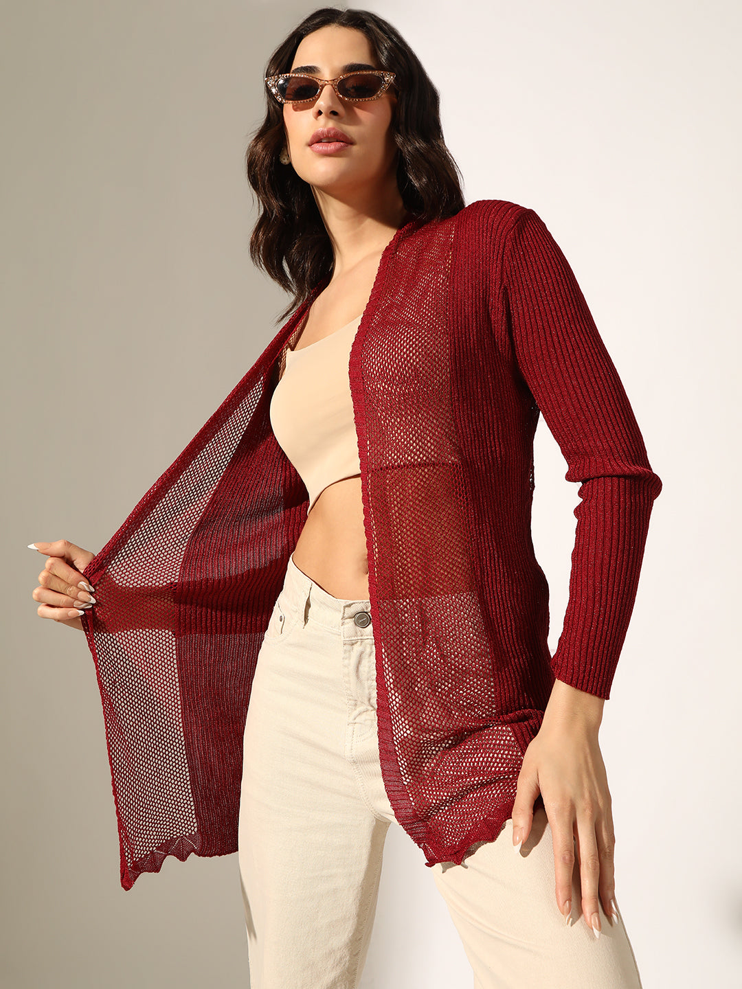 Women's Knitted Red Sheer Open Front Long Sleeve Shrug