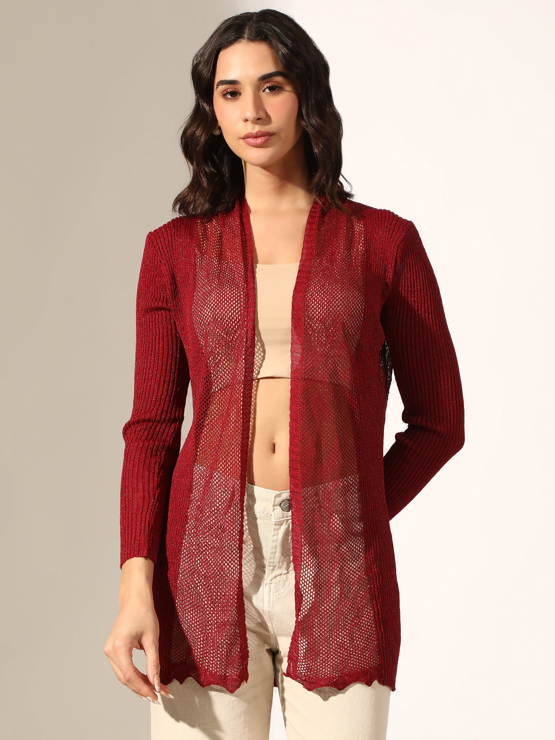 Women's Knitted Red Sheer Open Front Long Sleeve Shrug