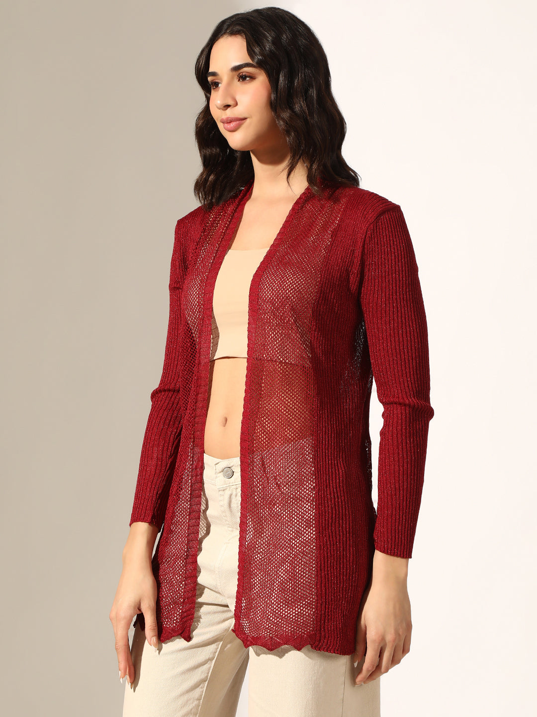 Women's Knitted Red Sheer Open Front Long Sleeve Shrug