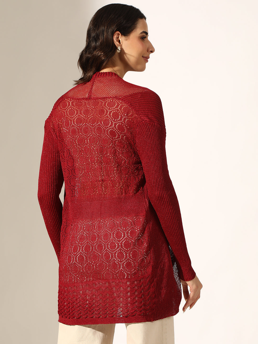 Women's Knitted Red Sheer Open Front Long Sleeve Shrug
