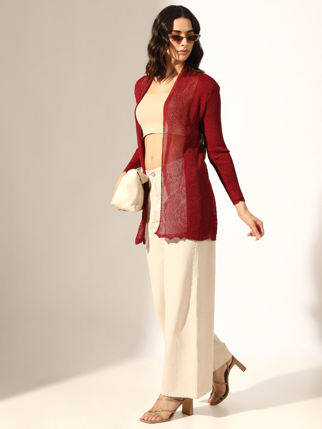 Women's Knitted Red Sheer Open Front Long Sleeve Shrug