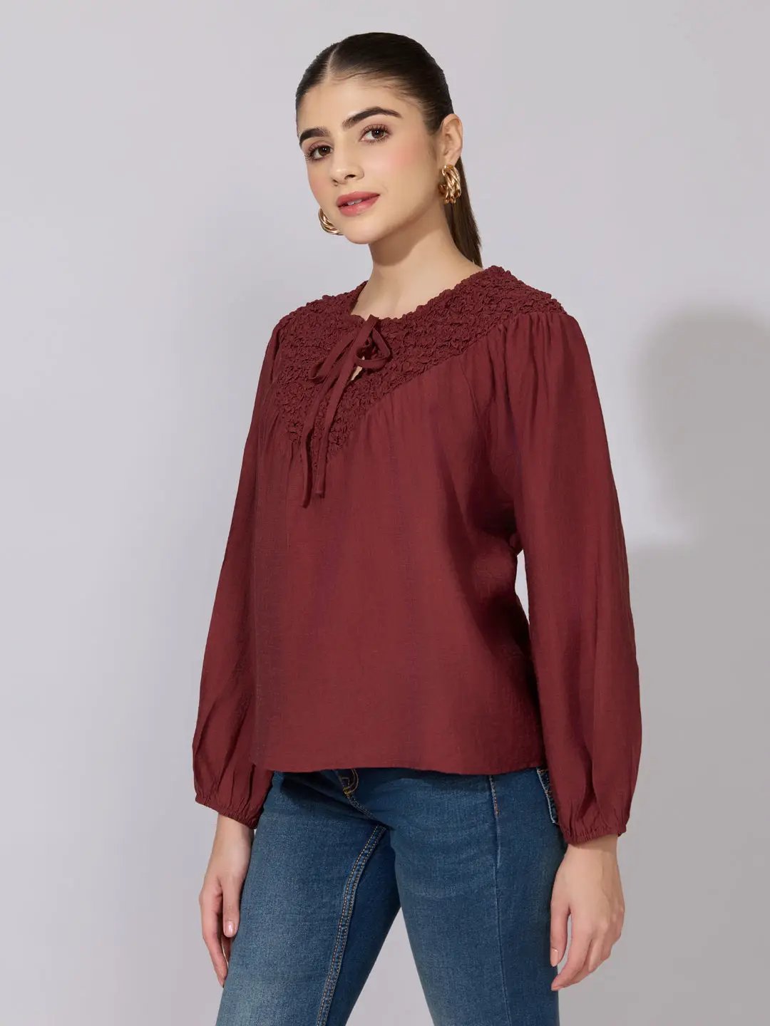 Women's Rust Embroidered Yoke Tie-Neck Top