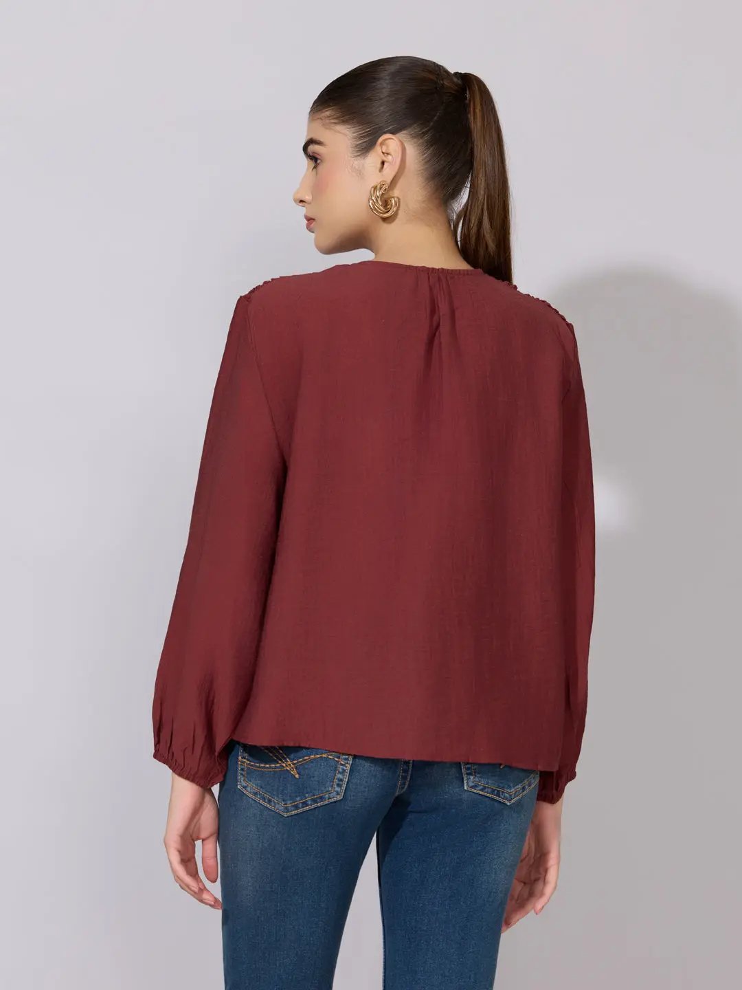 Women's Rust Embroidered Yoke Tie-Neck Top
