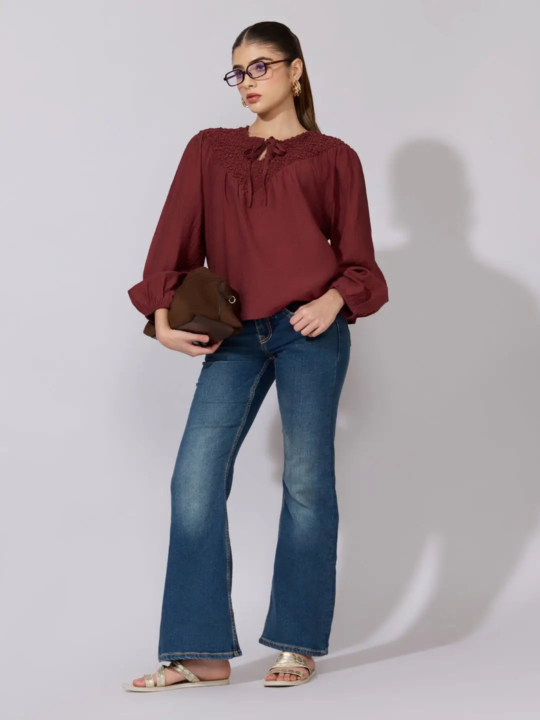 Women's Rust Embroidered Yoke Tie-Neck Top