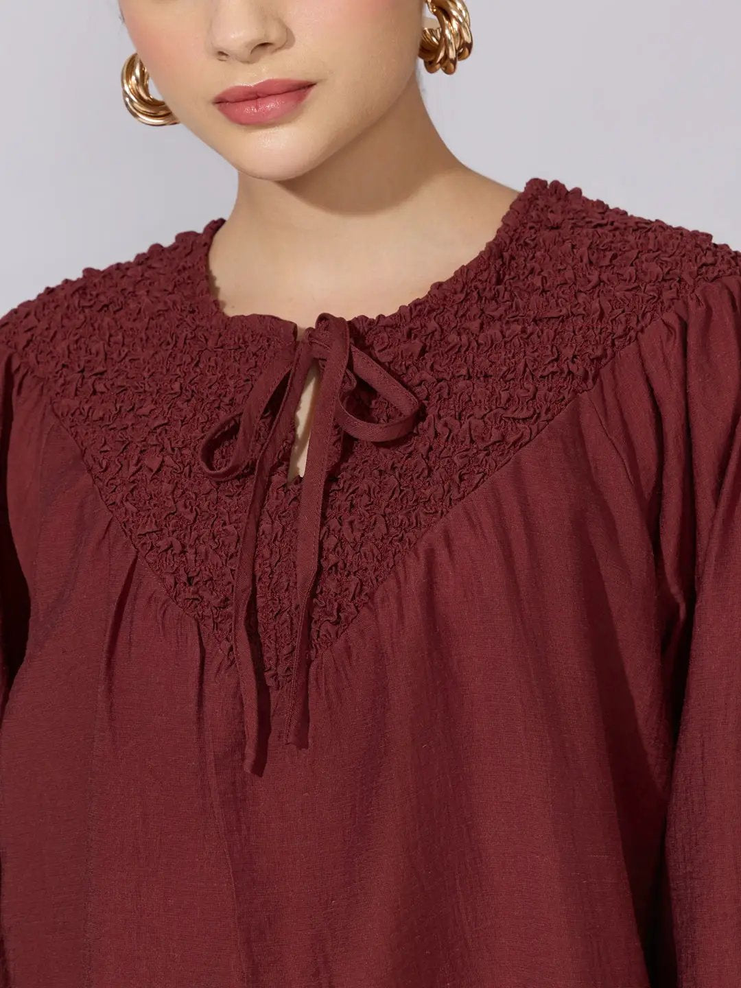 Women's Rust Embroidered Yoke Tie-Neck Top